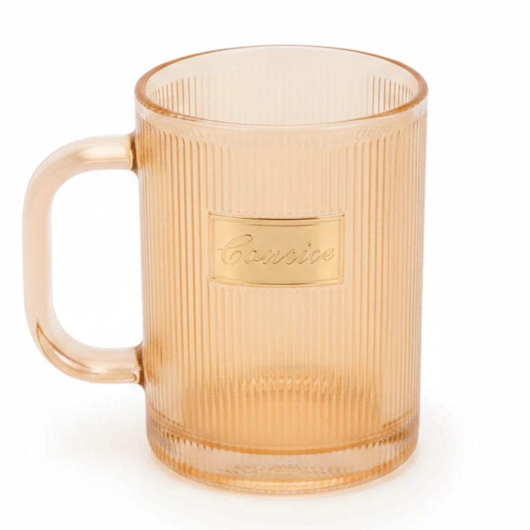 Concise Tinted Peach Ribbed Glass Mug — 300ml | Gold Embossed | Premium Glassware