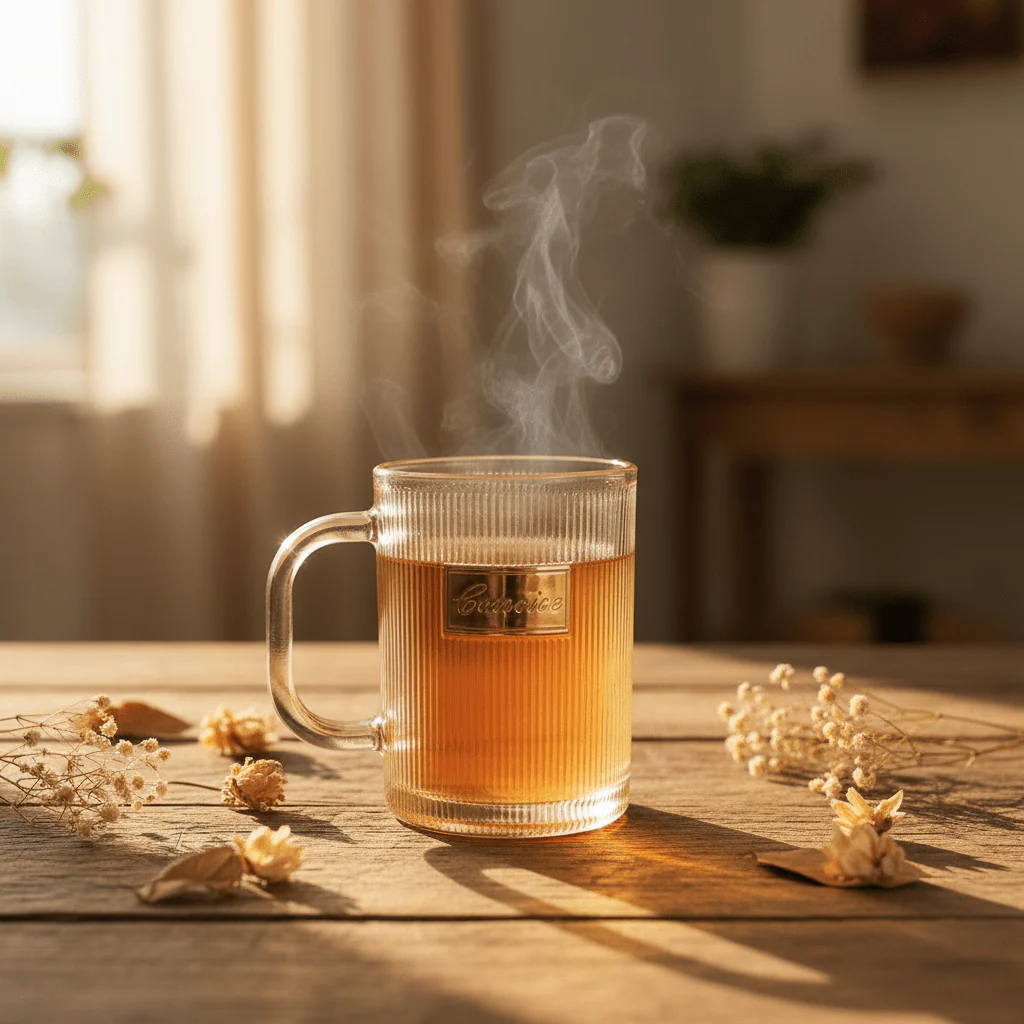 Concise Tinted Peach Ribbed Glass Mug — 300ml | Gold Embossed | Premium Glassware - Image 2