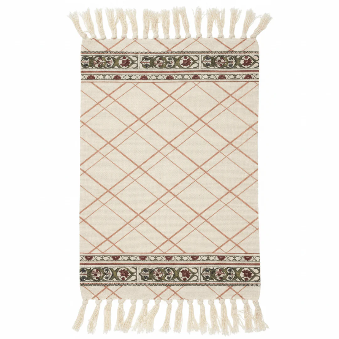 Traditional Diamond Lattice Woven Carpet with Tassel Fringe | 50% Cotton 50% Polyester | Cream Ivory | 60 x 90 cm | Handcrafted Flatweave Rug for Living Room, Bedroom & Majlis