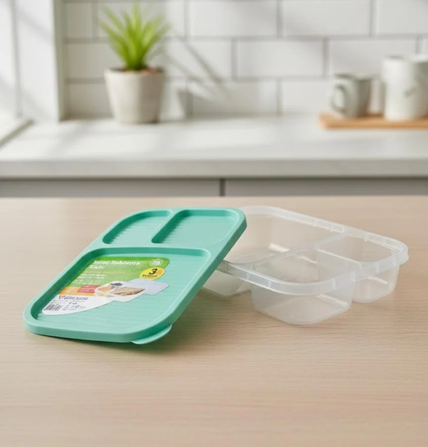 USCAN 3-Compartment Plastic Lunch Box – Leakproof Bento Meal Container, Green, 240×155×50 mm