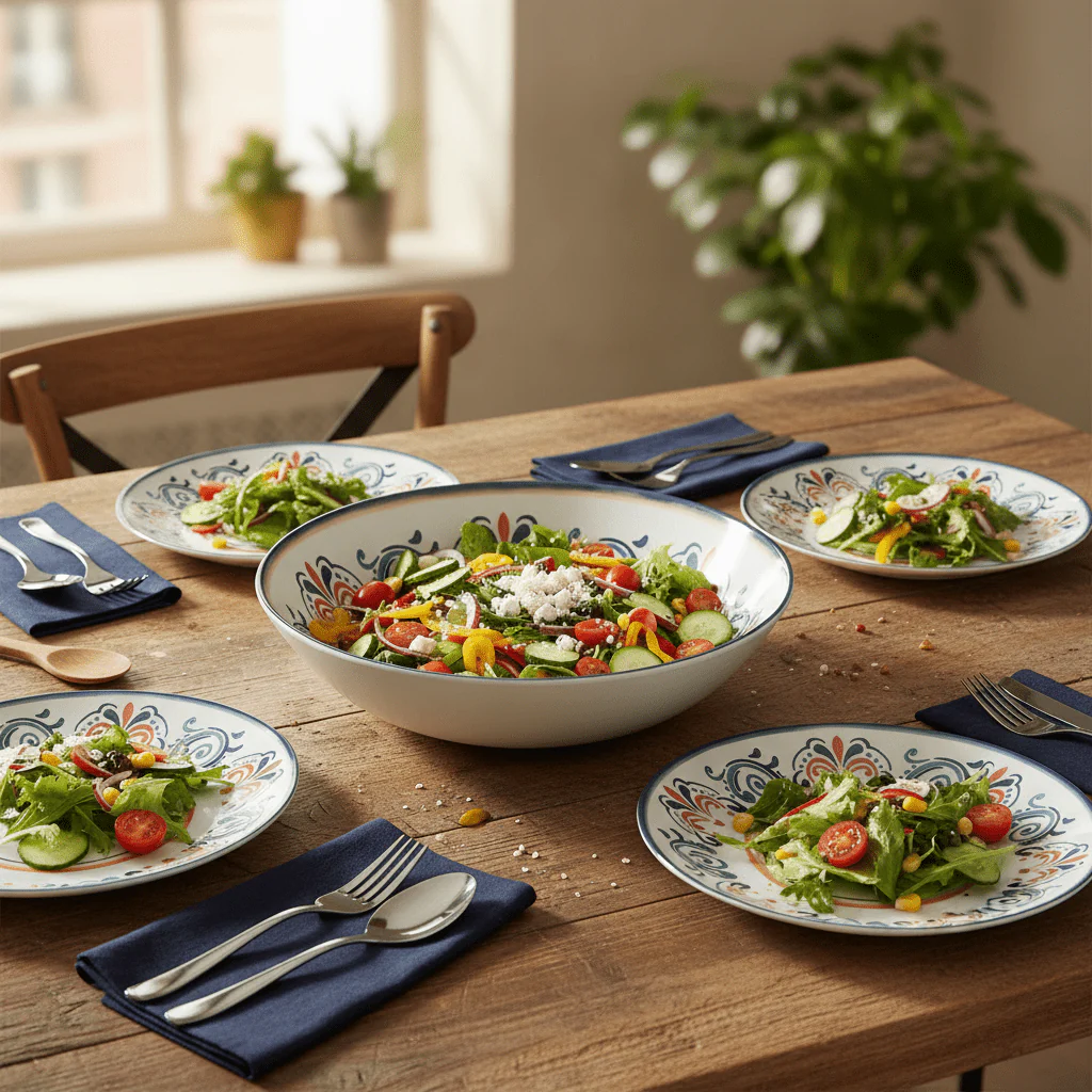 Vague White Melamine Serving Bowl with Navy Blue Arabesque Design & Rim — 11 Inch - Image 2