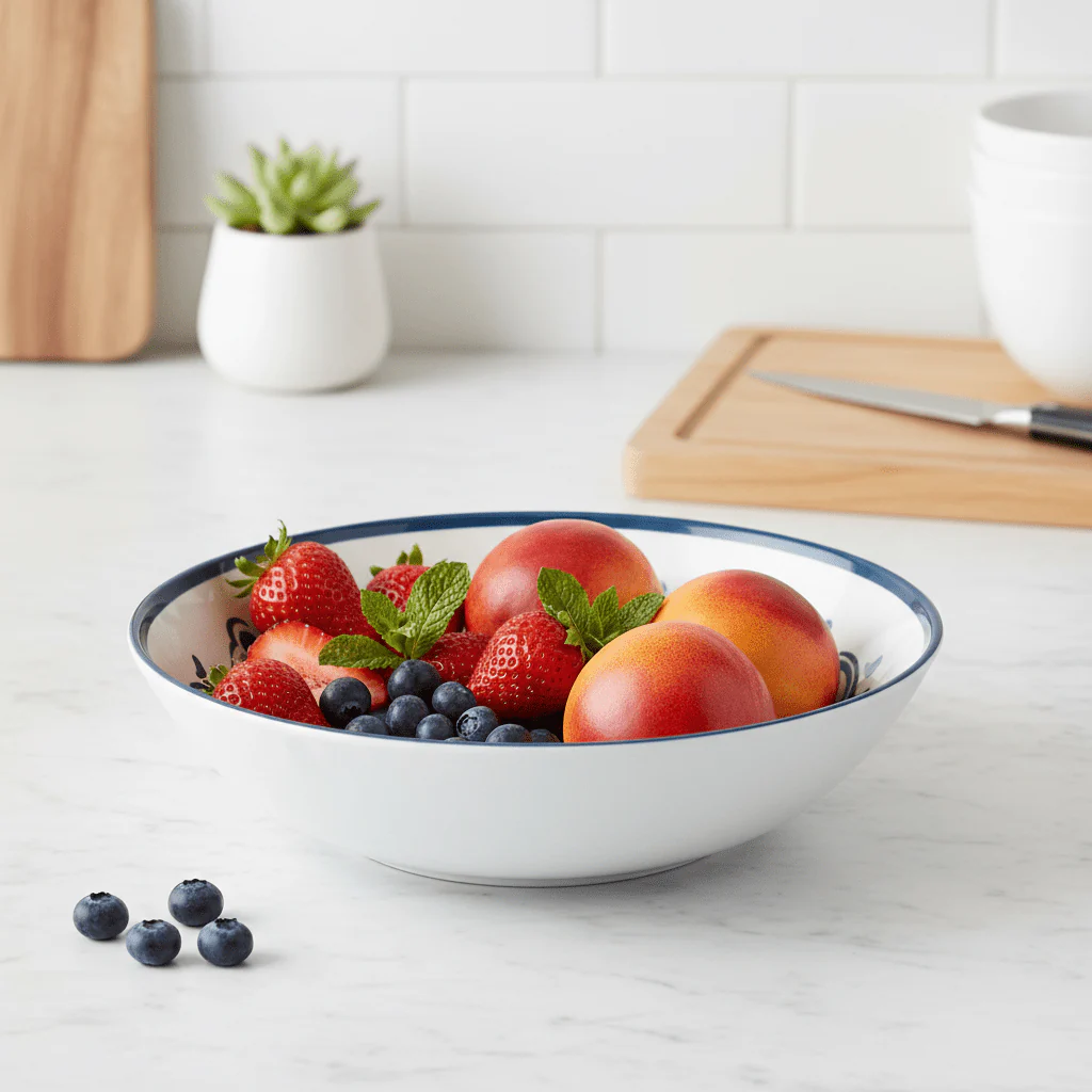 Vague White Melamine Serving Bowl with Navy Blue Arabesque Design & Rim — 11 Inch - Image 4