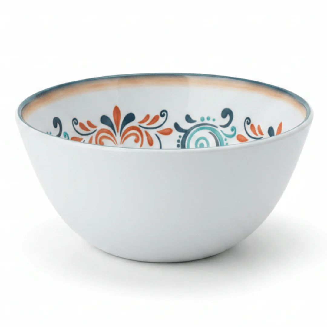 Vague White Melamine Bowl | Navy Blue Floral Scroll Design 5.8 Inch