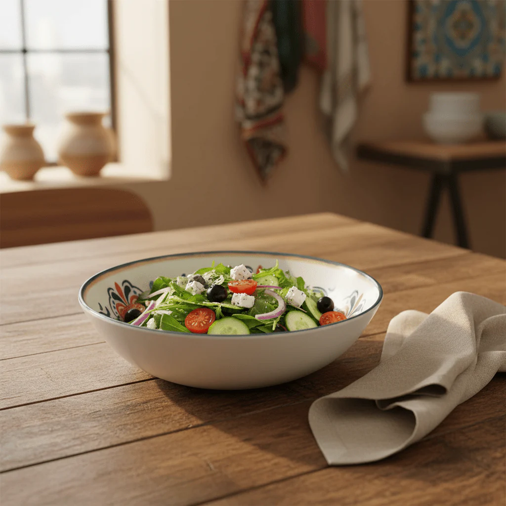 Vague White Melamine Salad Bowl with Navy Blue Arabesque Design & Rim — 7.5 Inch - Image 2