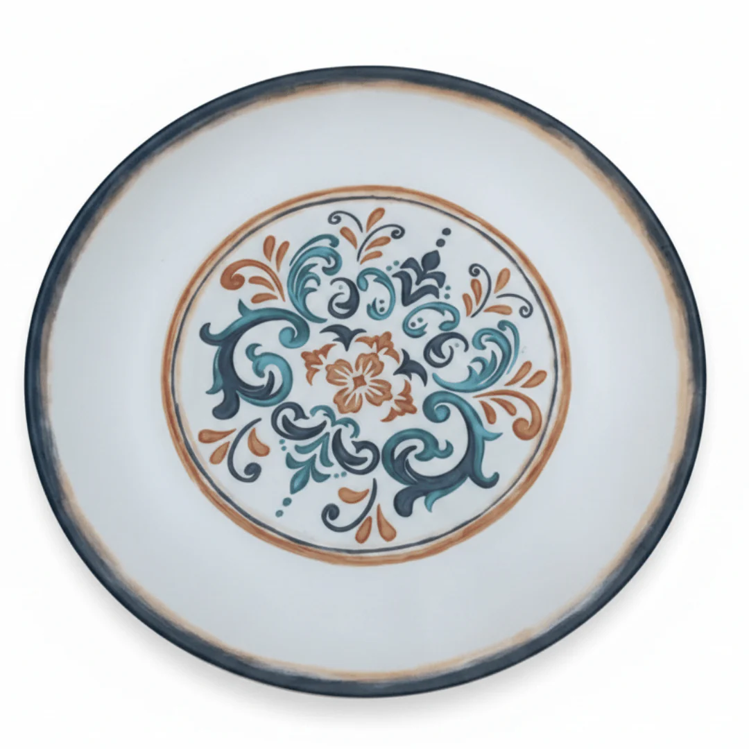 Vague White Melamine Dessert Plate | Navy Blue Floral Scroll Design | 8.5 Inch