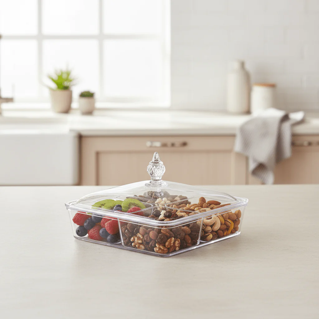 Vague Square Acrylic Candy & Sweets Box with 4 Inner Bowls and Lid | 27.5 x 27.5 x 16.5 cm - Image 2