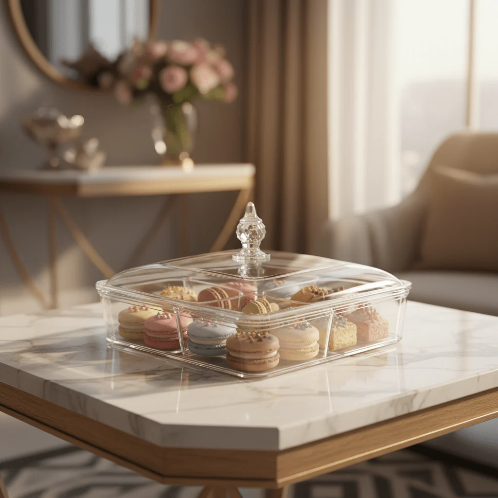 Vague Square Acrylic Candy & Sweets Box with 4 Inner Bowls and Lid | 27.5 x 27.5 x 16.5 cm - Image 3