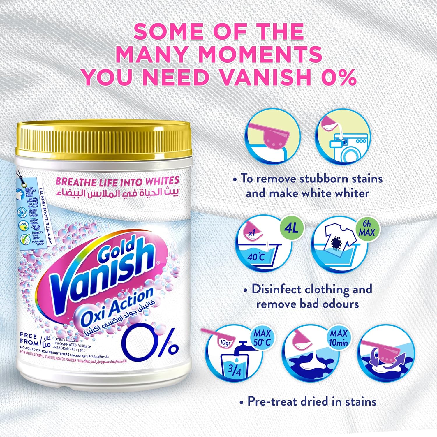 Vanish Gold Oxi Action Fabric Stain Remover 450g White clothes - Image 4