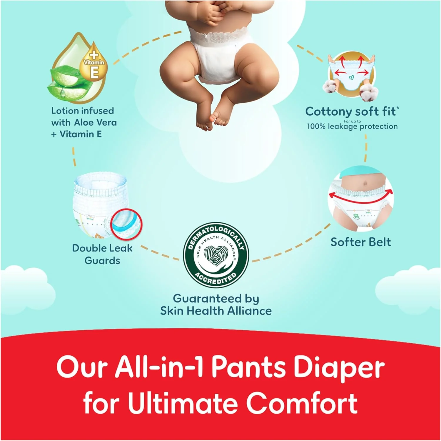 Pampers Ultimate Comfort Pants Diapers, Size 7, 17+kg, Lotion infused with Aloe Vera and Vitamin E, Cottony Soft Fit for up to 100% Leakage Protection, Super Saving Pack, 32 Count - Image 7
