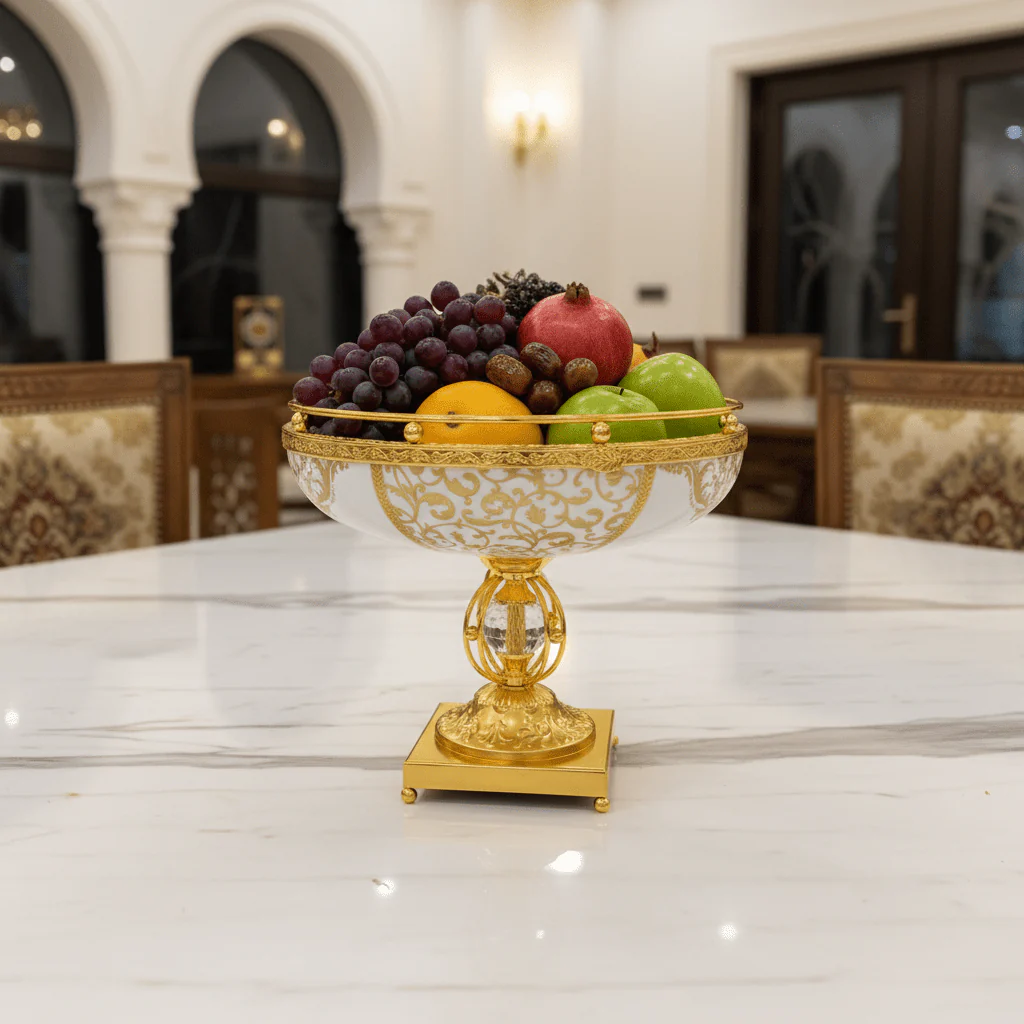 Veranese Luxury Golden Metal Footed White Ceramic Fruit Bowl Decorative Serving Bowl 28×22cm - Image 2
