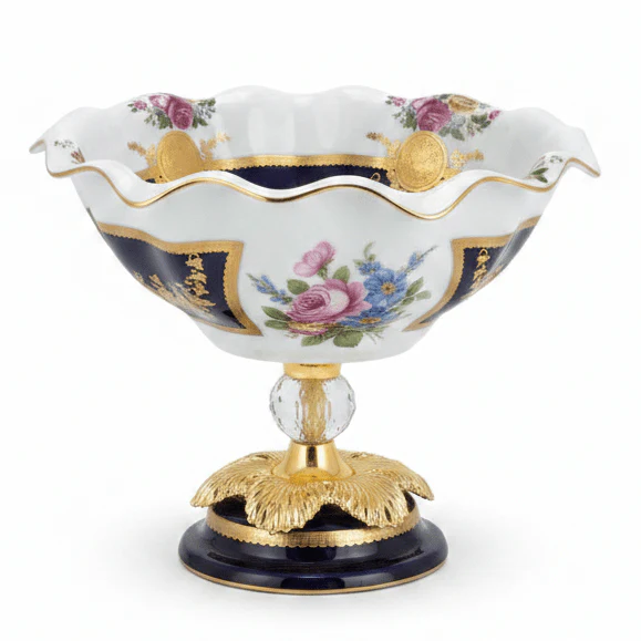 Veranese Premium Footed Ceramic and Metal Fruit Serving Bowl White and Navy Blue with Gold Floral Design 24×21 cm Luxury Decor