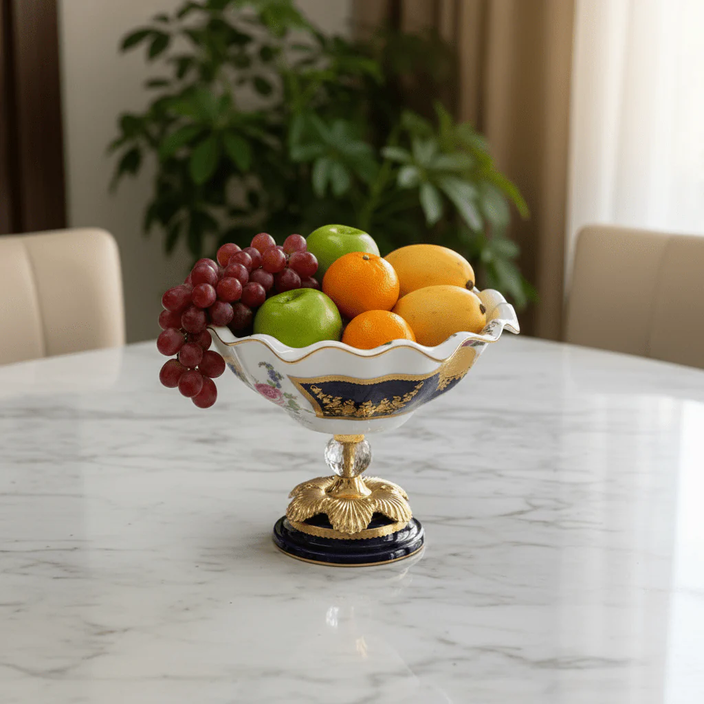 Veranese Premium Footed Ceramic and Metal Fruit Serving Bowl White and Navy Blue with Gold Floral Design 24×21 cm Luxury Decor - Image 2