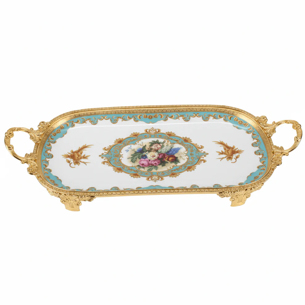 Veranese White Floral Oval Golden Metal Footed Ceramic Fruit Tray Flower Design Serving Dish 34×20cm