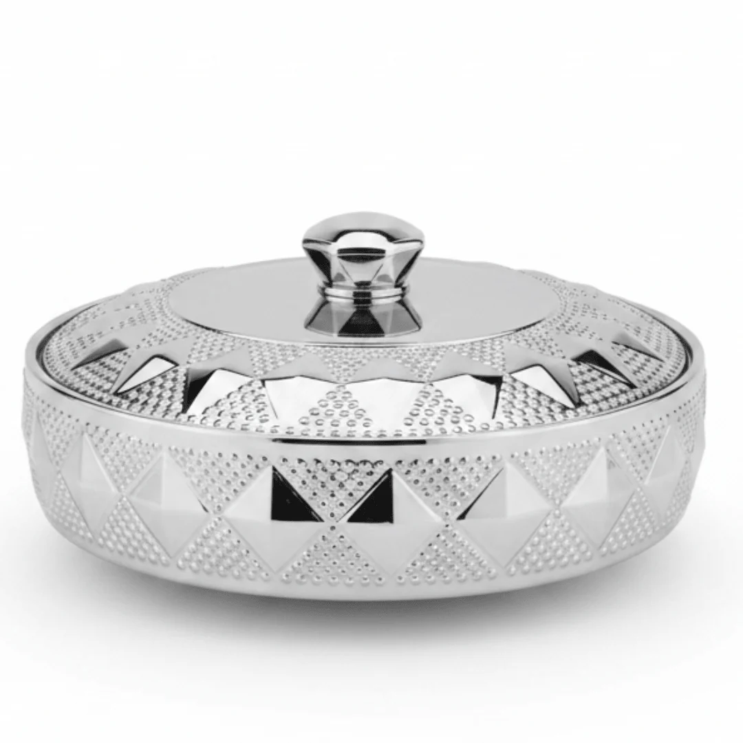 Verucci Decorative Silver & White Ceramic Bowl with Lid — Embossed Diamond Pattern, 10 Inch | Premium Serving & Display Bowl for Home, Gifting & Hospitality