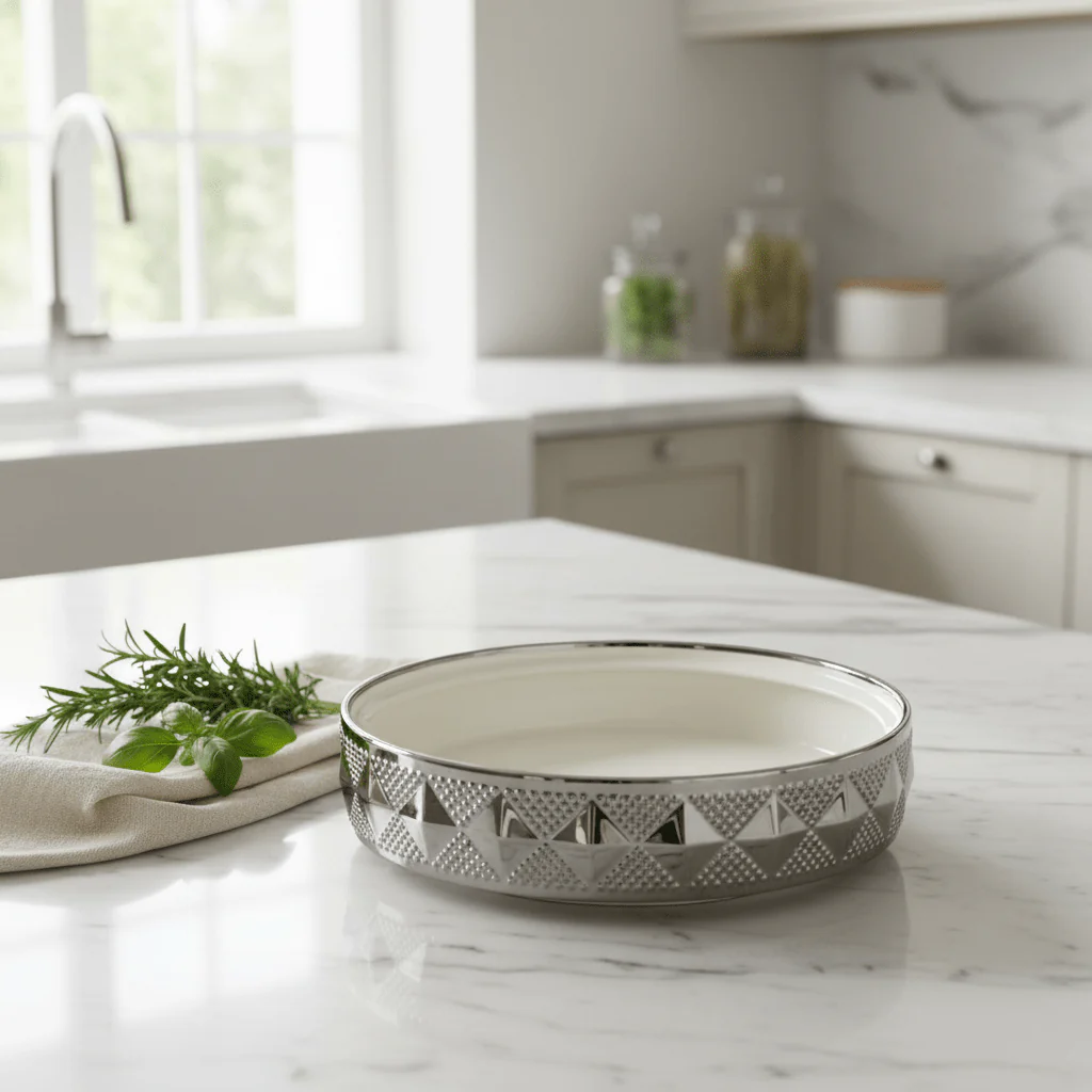 Verucci Decorative Silver & White Ceramic Bowl with Lid — Embossed Diamond Pattern, 10 Inch | Premium Serving & Display Bowl for Home, Gifting & Hospitality - Image 4