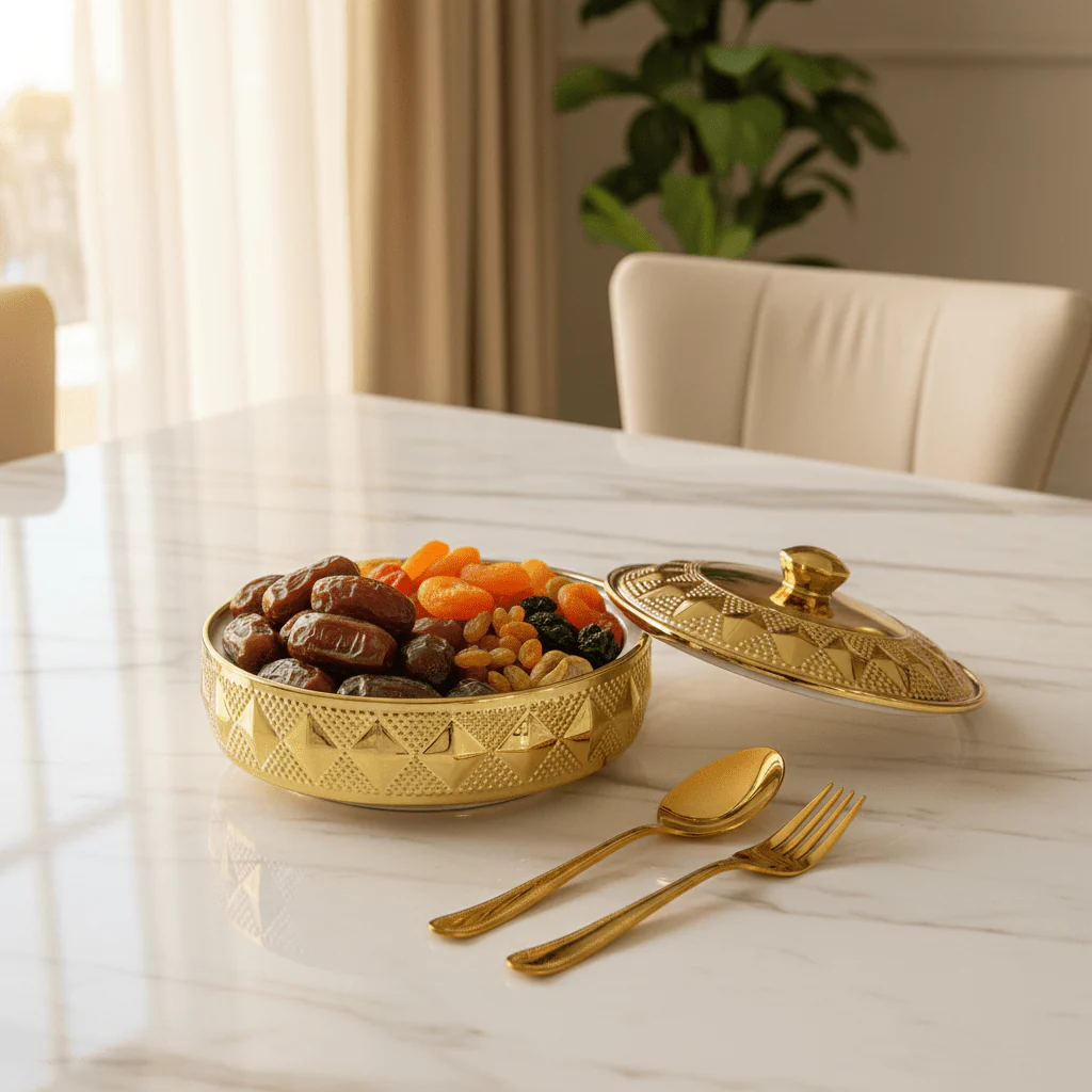 Verucci Luxury Gold & White Ceramic Serving Bowl with Lid — 8 Inch / 9 Inch | Embossed Diamond Pattern | Elegant Tableware for Home & Hospitality - Image 2