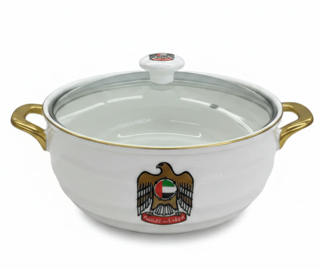 Verucci Luxury White Ceramic Candy Bowl with UAE Falcon Emblem & Glass Lid – 8 Inch