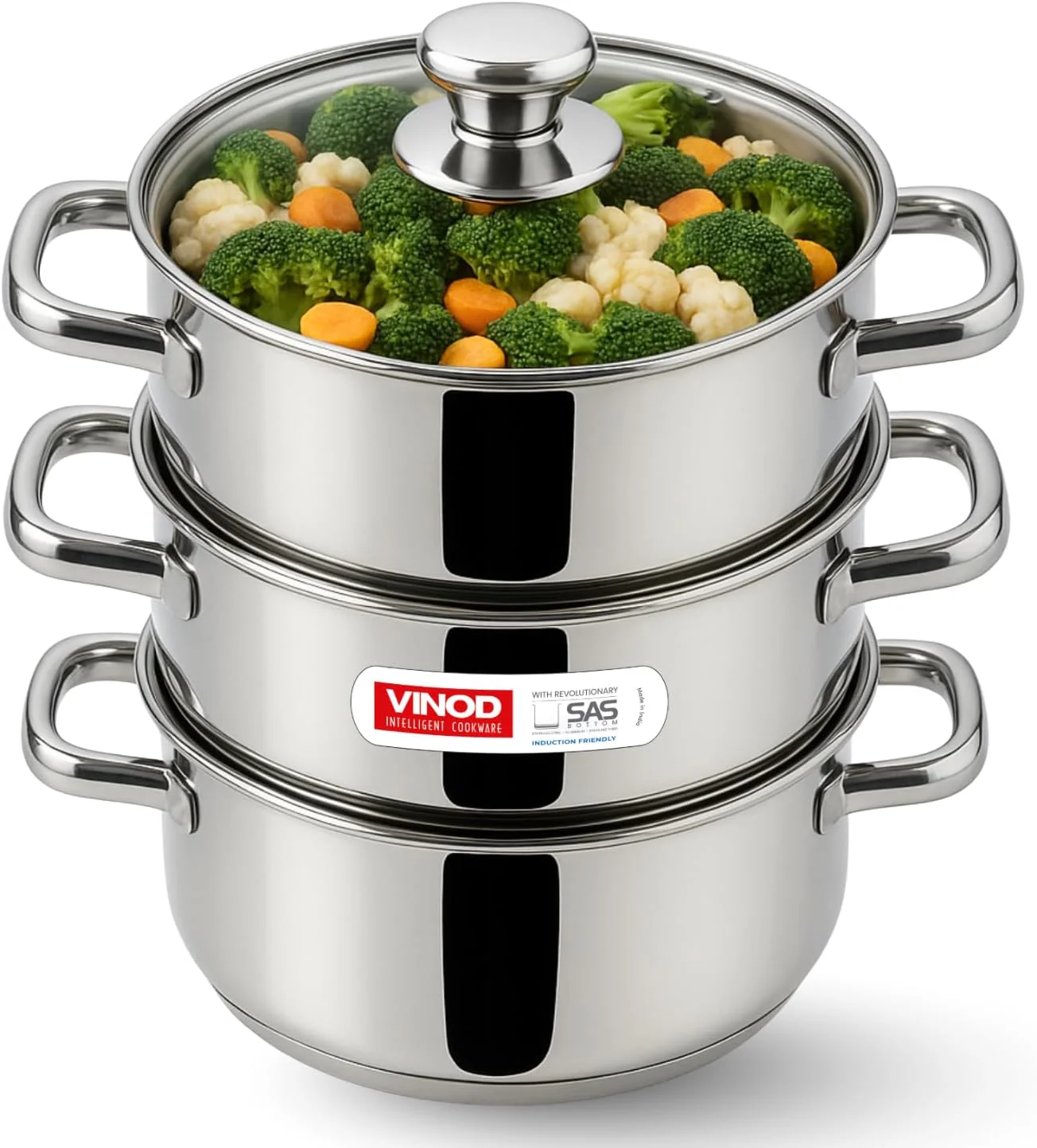 Vinod 28cm 3-Tier Stainless Steel Multi-Purpose Steamer with Glass Lid – Induction Compatible