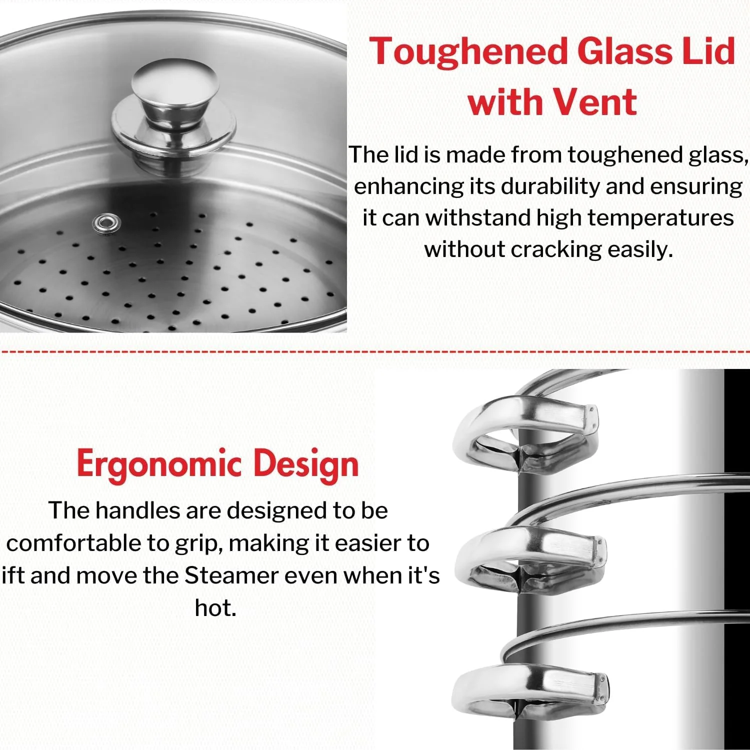 Vinod 28cm 3-Tier Stainless Steel Multi-Purpose Steamer with Glass Lid – Induction Compatible - Image 2