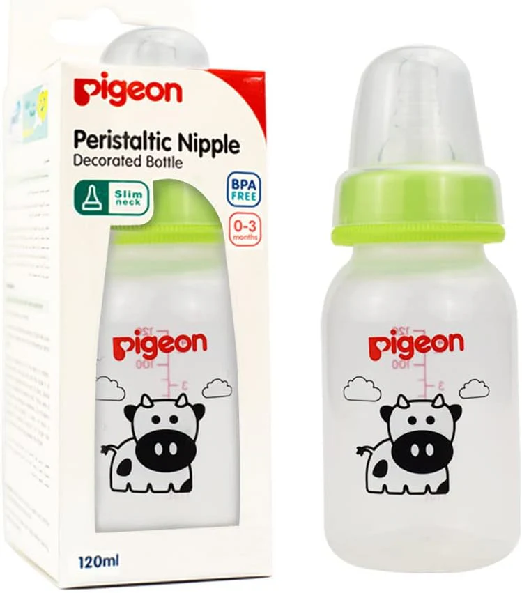 Pigeon Slim Neck Animal Decorated Plastic Feeding Bottle, Ultra Soft Silicone Nipple, Anti Colic, Bpa & Bps Free, 120Ml, Multicolor