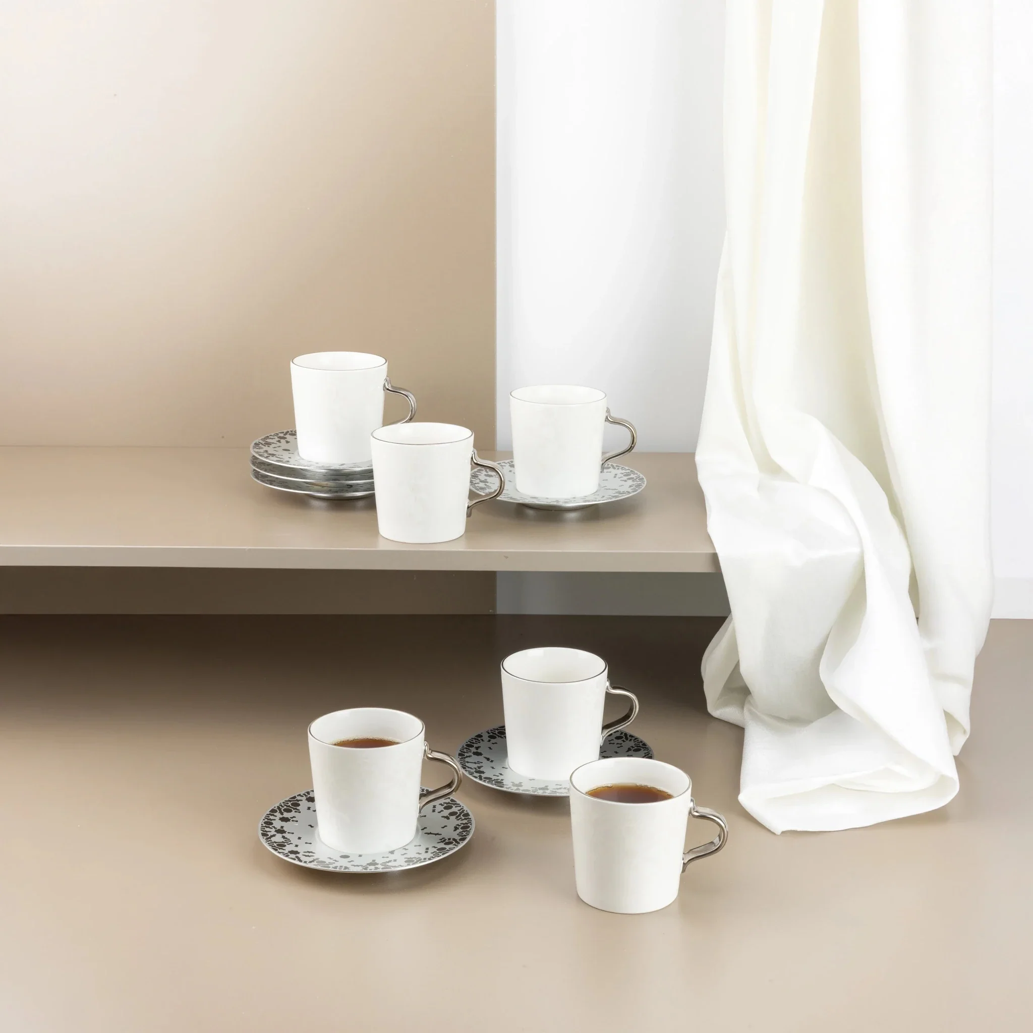 Otantik Nourhan 12-Piece Porcelain Tea Set - Matte Silver + Glossy Silver 240CC
