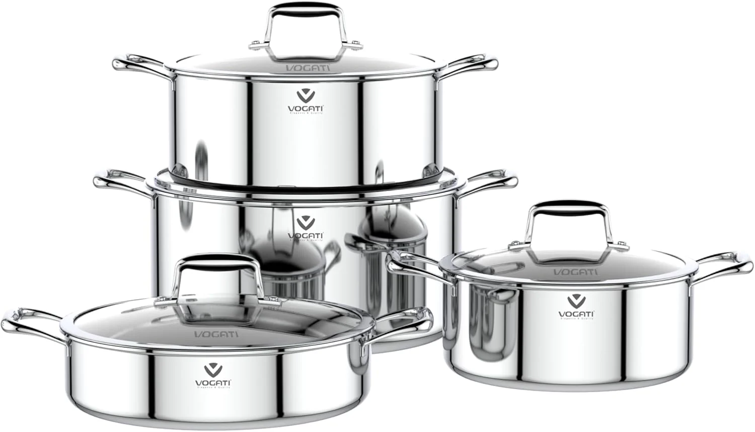 Vogati Tri-Ply Stainless Steel 8-Piece Cookware Set – Induction Compatible Pots & Pan with Glass Lids, PFOA Free
