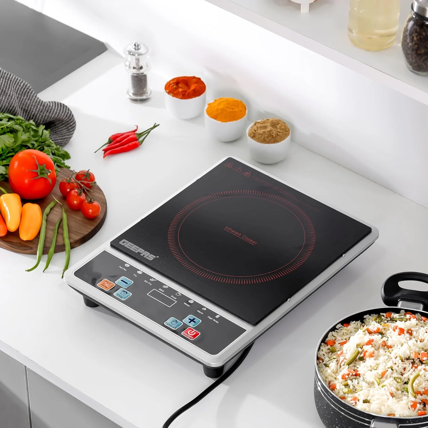 Geepas Digital Infrared Cooker- GIC6101N| Single Cooking Hob, 2000-Watt Infrared Burner With 10 Level Adjustable Temperature| Button Control, Multi Functions| Black, 2 Years Warranty - Image 2