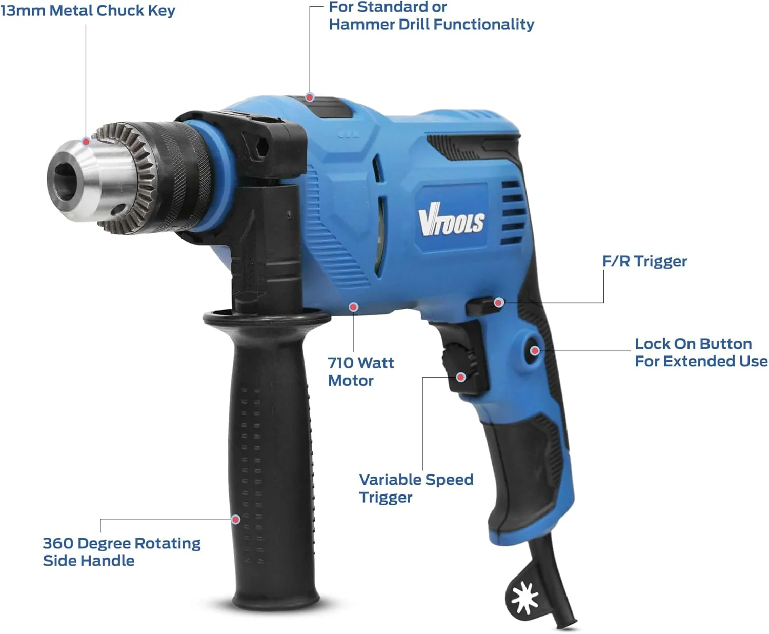 VTOOLS 112 Pcs 710W Electric Impact Drill Set with 13mm Keyed Chuck, 0-3000RPM Speed, 48,000BPM Hammer Action, Auxiliary Handle, 42 Drill Bits, Screwdriver Bits & Socket Kit, Blue, VT1225-KIT - Image 4