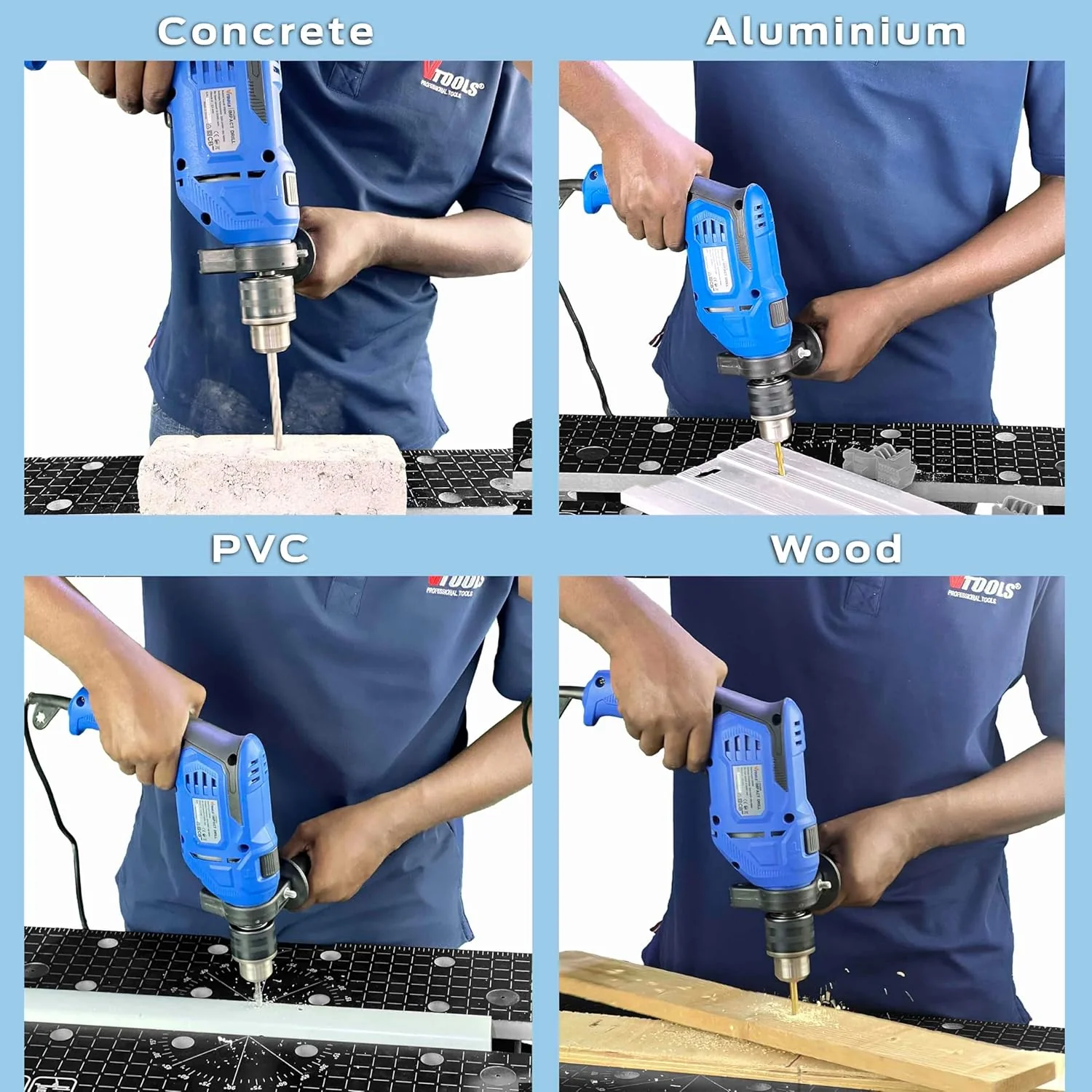 VTOOLS 112 Pcs 710W Electric Impact Drill Set with 13mm Keyed Chuck, 0-3000RPM Speed, 48,000BPM Hammer Action, Auxiliary Handle, 42 Drill Bits, Screwdriver Bits & Socket Kit, Blue, VT1225-KIT - Image 5