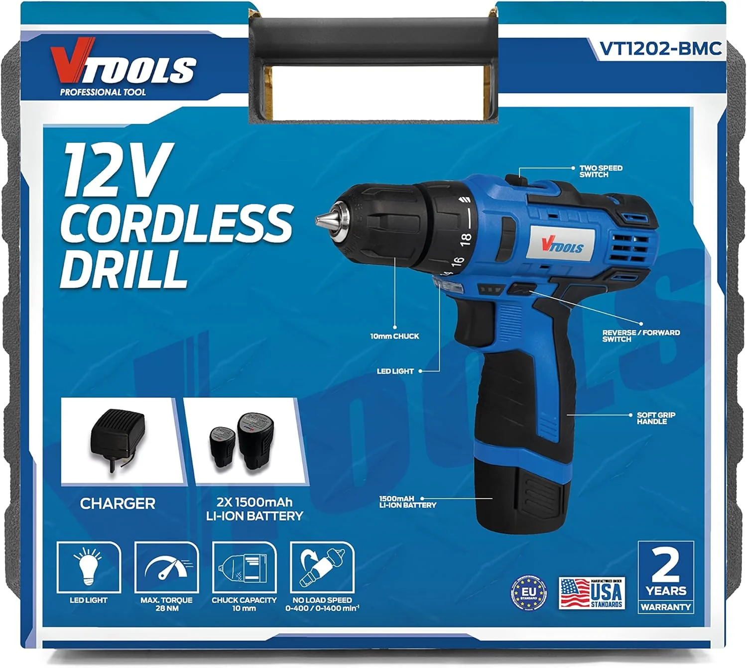 Vtools 12V Cordless Drill Driver Kit, 400-1400 RPM, Dual Speed with 2 Lithium-Ion Batteries 1.5 Ah, Powerful 28NM Torque, 10mm Chuck for Efficient Drilling & Fastening, 2 Years Warranty - VT1202-BMC - Image 4