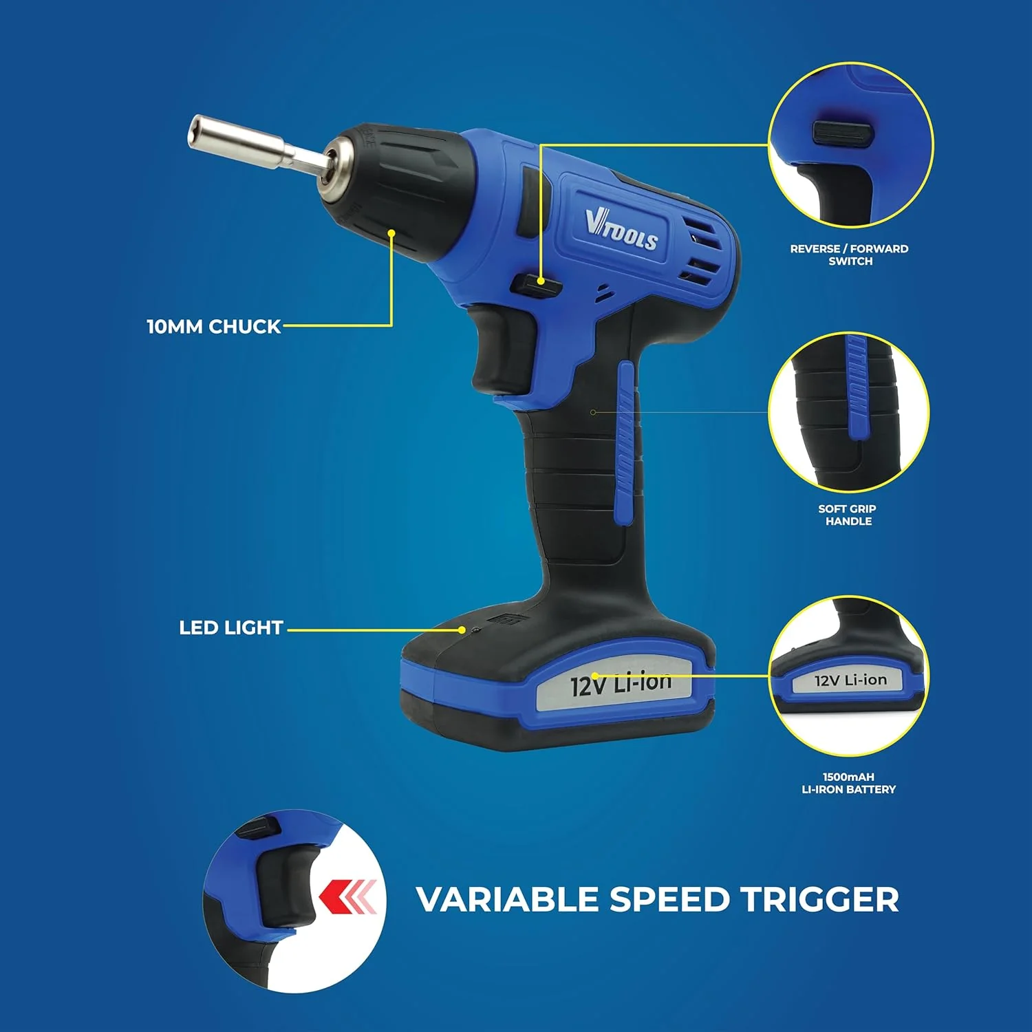 Vtools 12V Cordless Drill Driver With 13 Piece Bits Set, 850 RPM, with Built-In Lithium-Ion 1.5Ah Battery, 16NM Torque, 10mm Chuck for Efficient Drilling & Fastening, 2 Years Warranty, VT1216 - Image 2