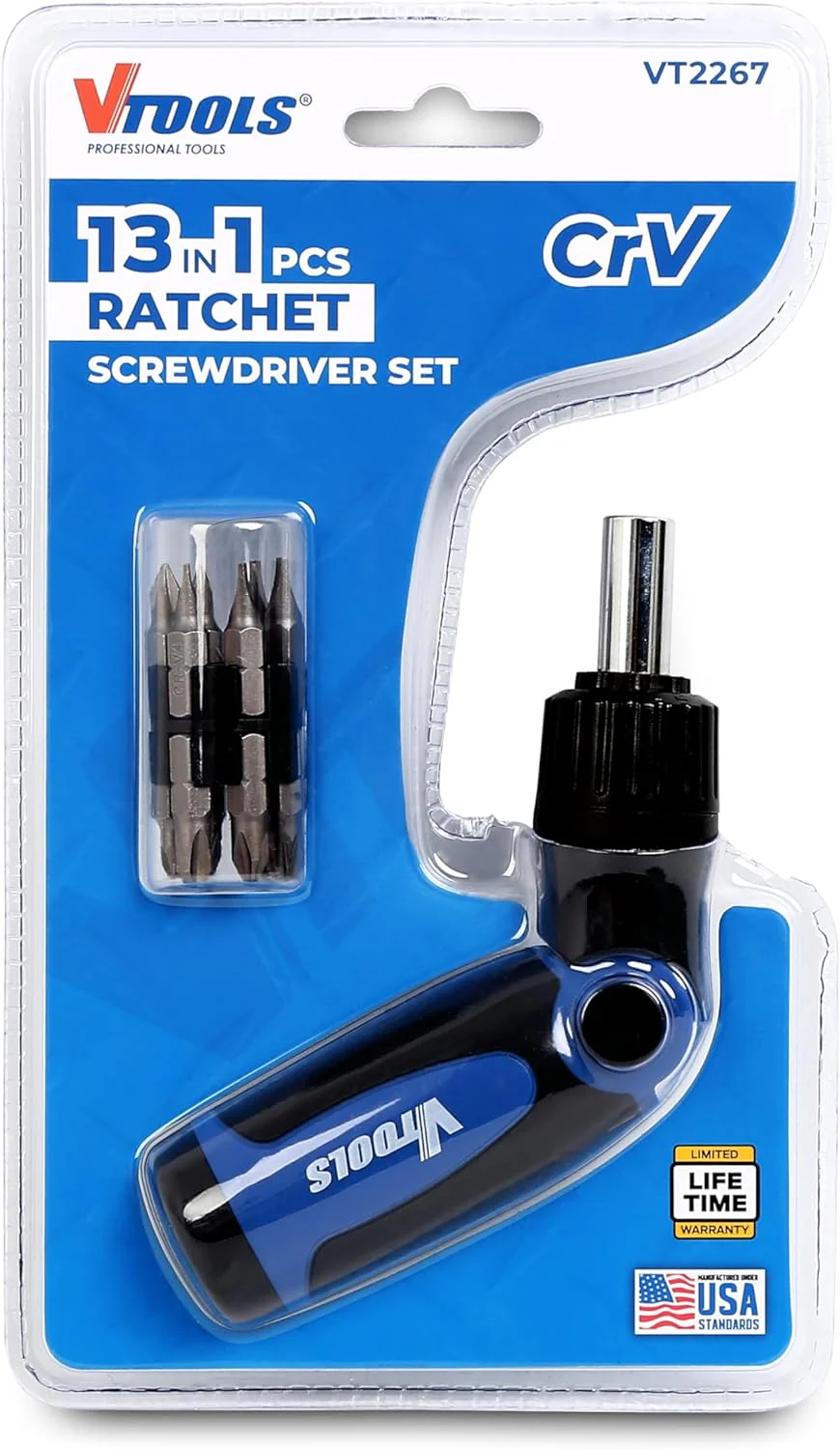Vtools 13-in-1 Ratchet Screwdriver Set with Folding Handle, Phillips Slotted Dual-purpose Head, CR-V Ratchet, Compact Design, Multi-Purpose Tool Kit, Blue, VT2267