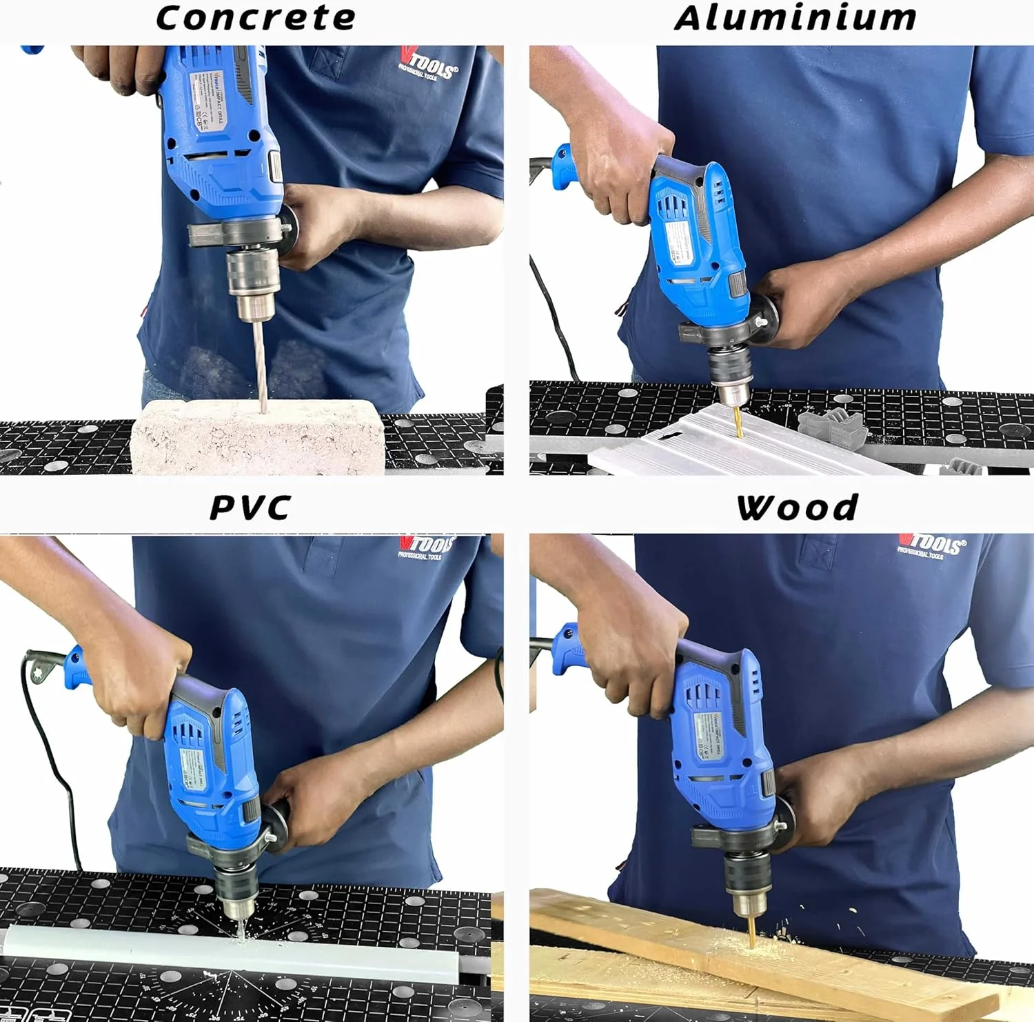 VTOOLS 650 Watt Impact Drill With Multi Function (Hammer And Drill), 360 degree Rotating Side Handle, Guide Ruler, And Variable Speed, Blue, VT1206 - Image 2