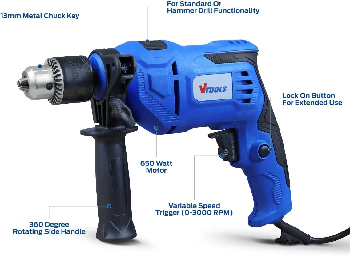 VTOOLS 650 Watt Impact Drill With Multi Function (Hammer And Drill), 360 degree Rotating Side Handle, Guide Ruler, And Variable Speed, Blue, VT1206 - Image 5