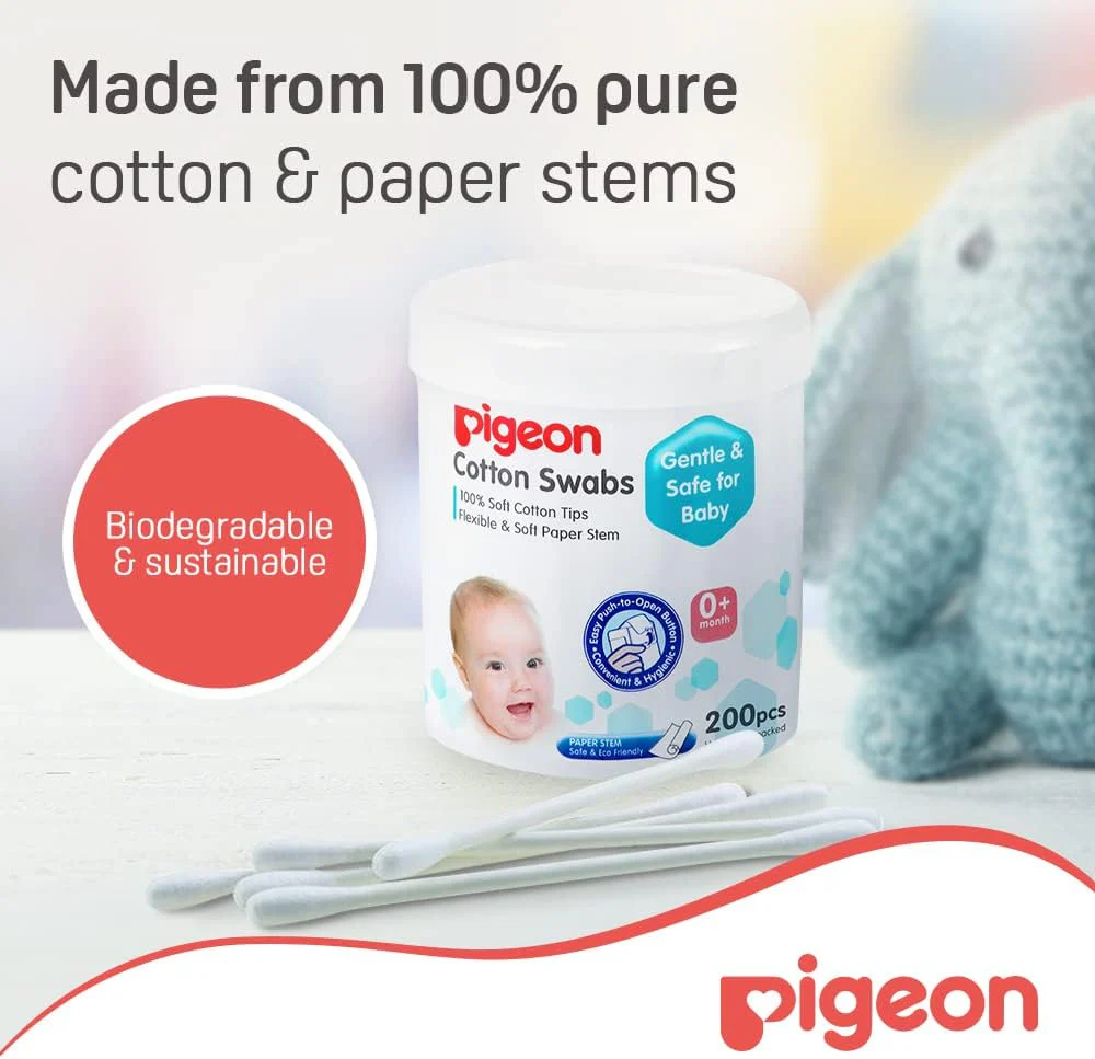 Pigeon Cotton Swabs, Flexible And Soft Paper Stem, 100% Soft Cotton Tips, Extra Thin, 200 Pieces, White - Image 4