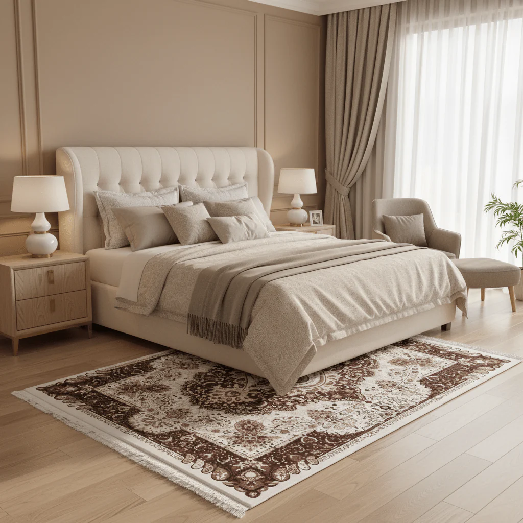 Classic Persian Medallion Carpet | White & Brown Floral Design | Soft Polyester Rug | 190cm × 130cm | - Image 4