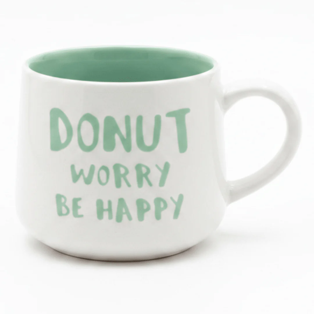 Donut Worry Be Happy | White & Mint Green Ceramic Mug with Hidden Donut Surprise | 400ml