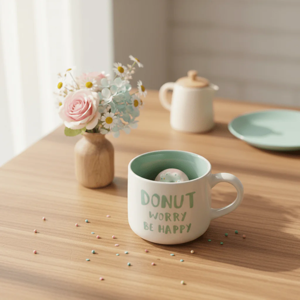 Donut Worry Be Happy | White & Mint Green Ceramic Mug with Hidden Donut Surprise | 400ml - Image 4