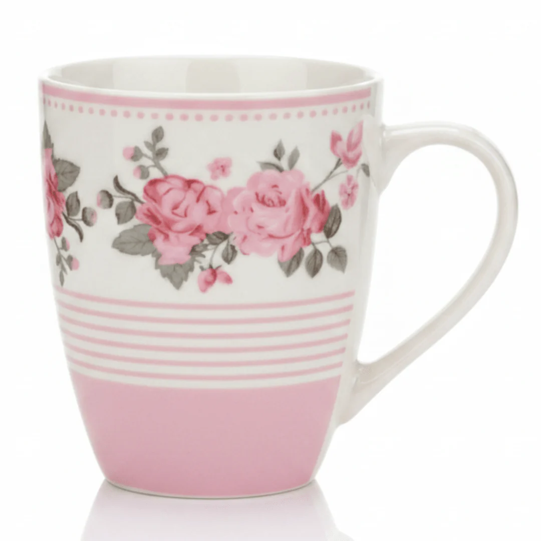 Rose Garden Ceramic Mug — 300ml | White & Pink Floral Drinkware