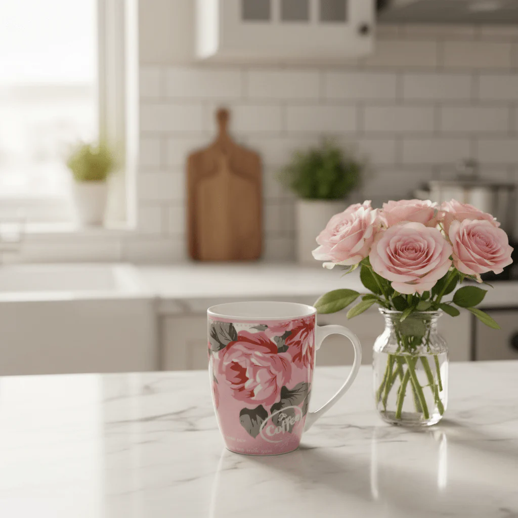 White & Pink Floral Ceramic Mug — 300ml - Image 2