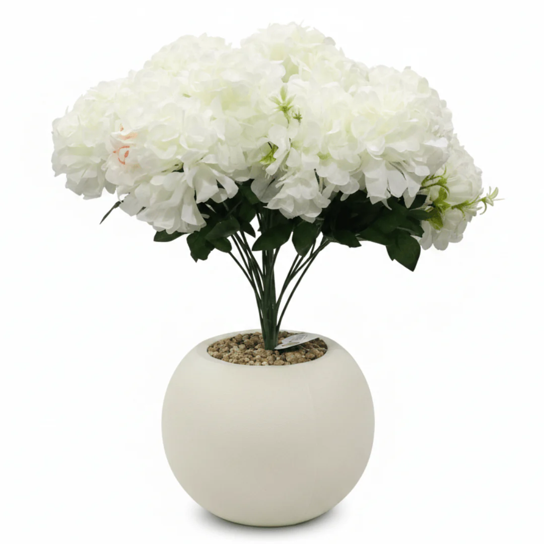 White Artificial Hydrangea Arrangement | Cream Sphere Pot | 35cm