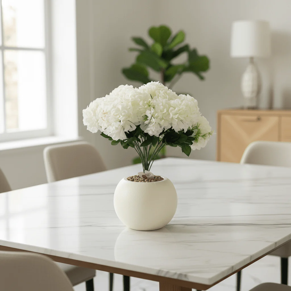 White Artificial Hydrangea Arrangement | Cream Sphere Pot | 35cm - Image 2