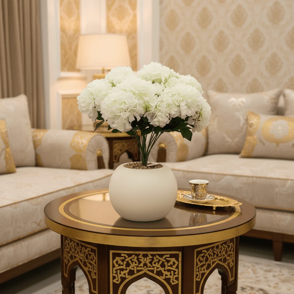White Artificial Hydrangea Arrangement | Cream Sphere Pot | 35cm - Image 4