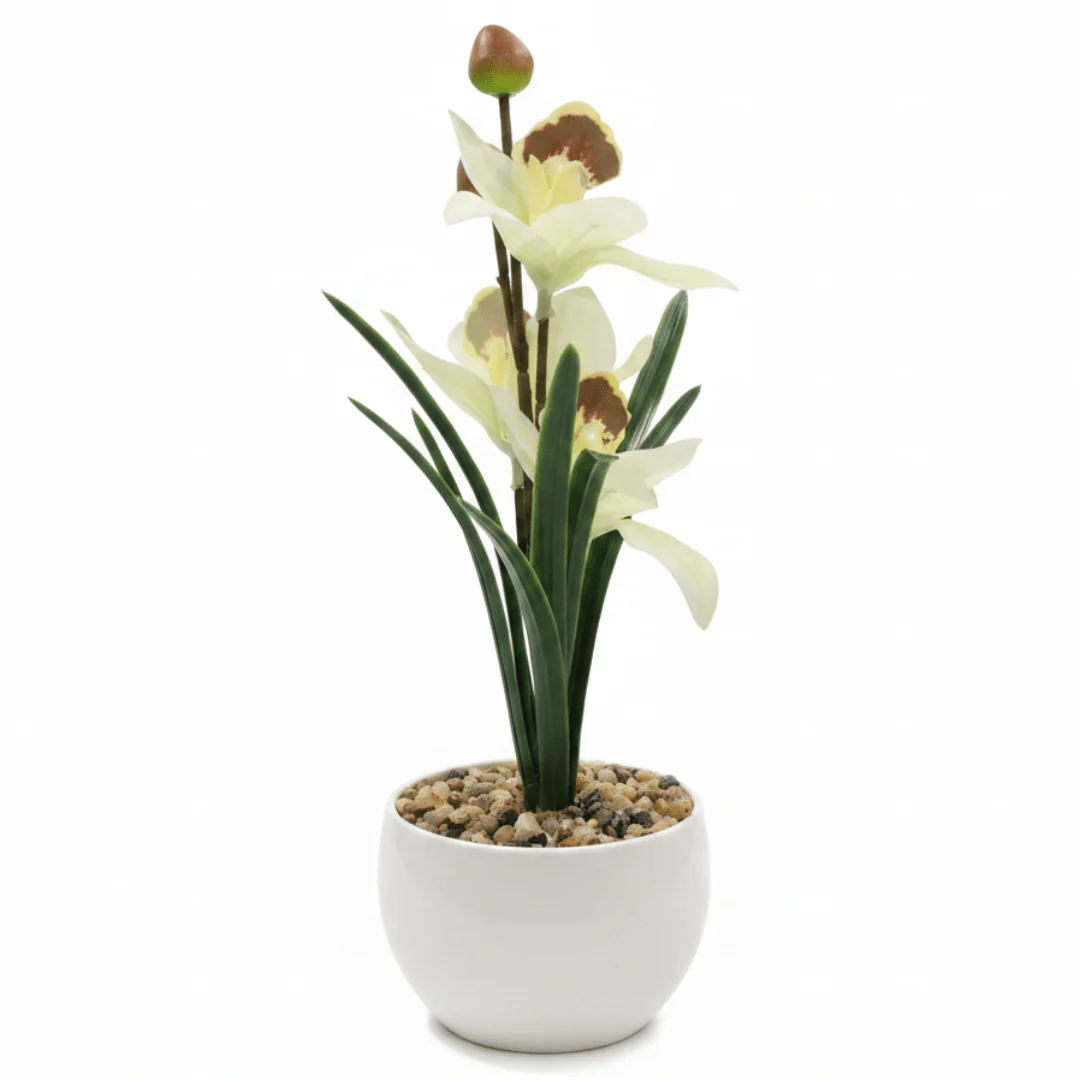 Artificial White Orchid Flower Arrangement – White Ceramic Pot | 25cm
