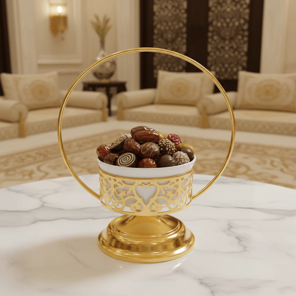 White Ceramic Candy Bowl with Gold Metal Holder & Lid – Elegant Serving Dish for Chocolates, Sweets & Dry Fruits – 12 × 30 cm - Image 2
