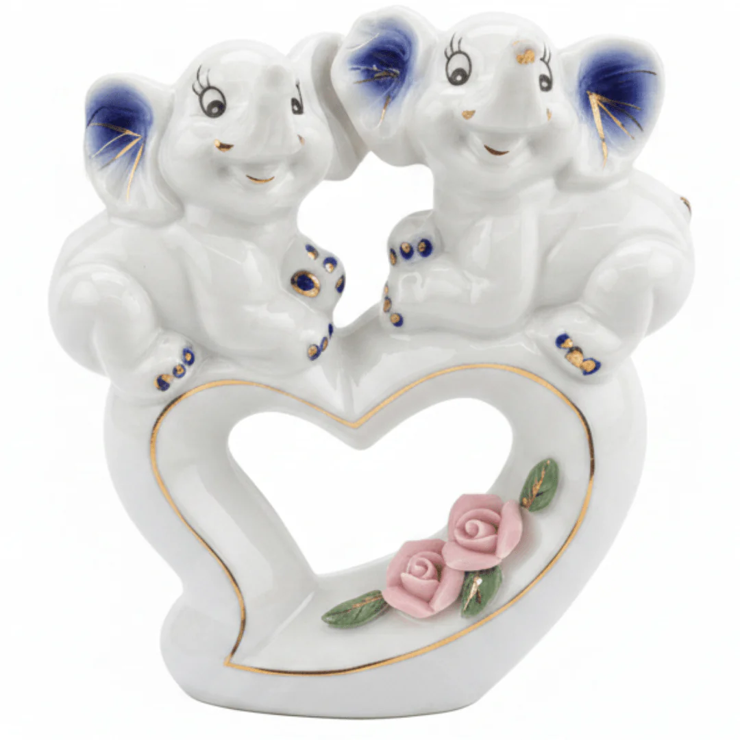 White Ceramic Elephant Couple Figurine – Heart & Rose Décor Piece, 13cm
