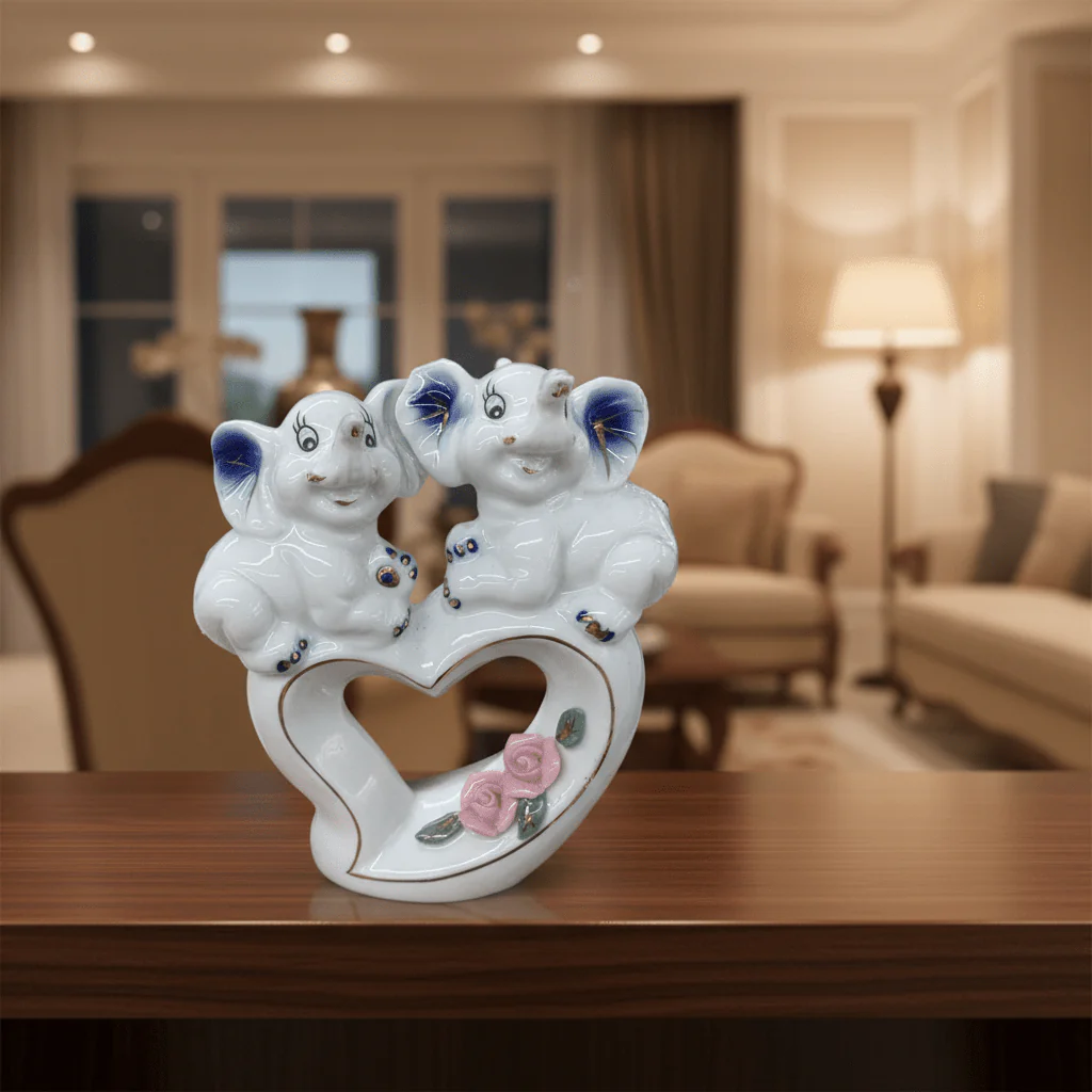 White Ceramic Elephant Couple Figurine – Heart & Rose Décor Piece, 13cm - Image 4