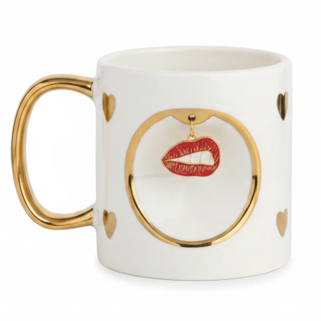 White Ceramic Mug with Gold Handle & Red Lips Charm — 350ml | Luxury Gift Mug