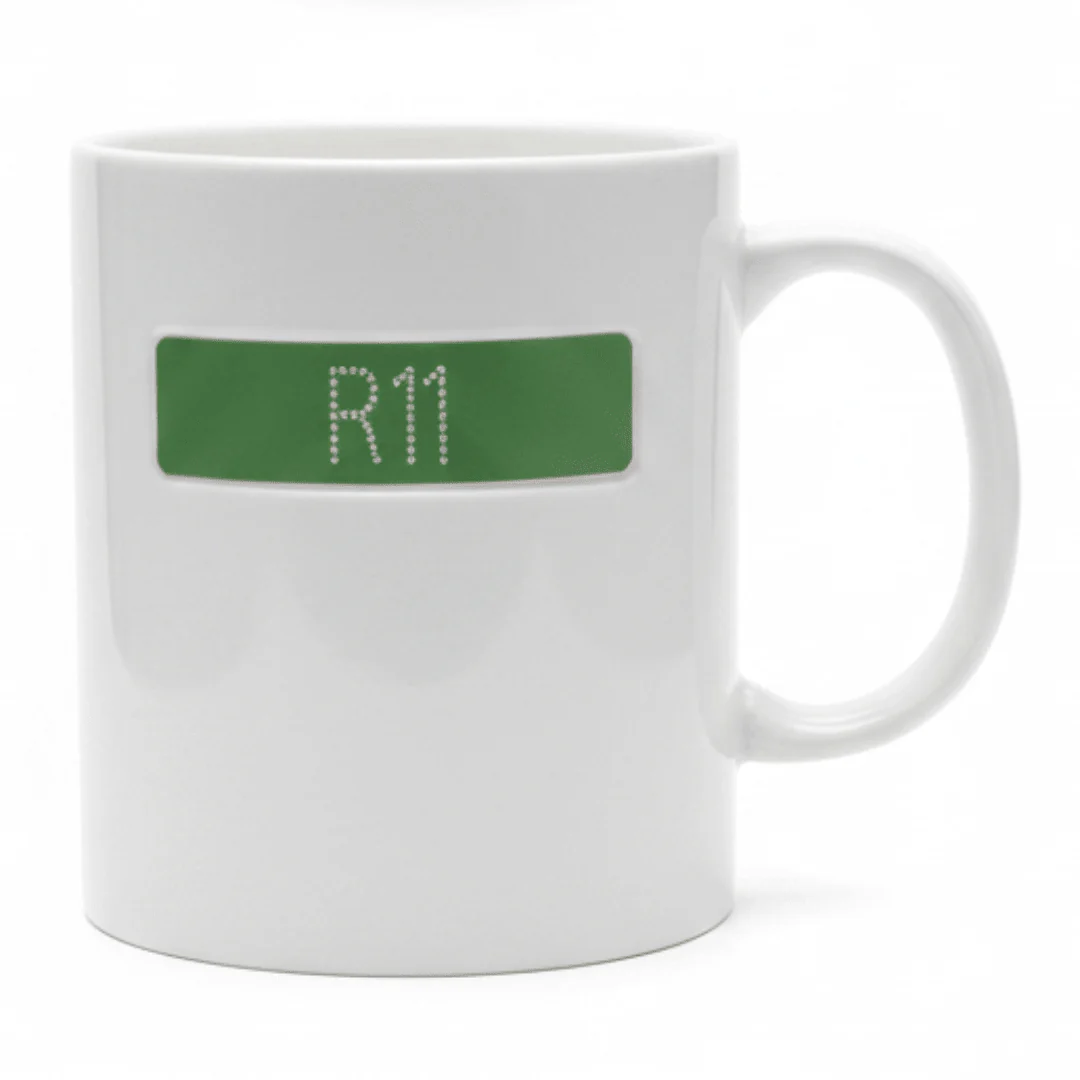 White Ceramic Mug with Green R11 Design | 350ml Premium Coffee Mug