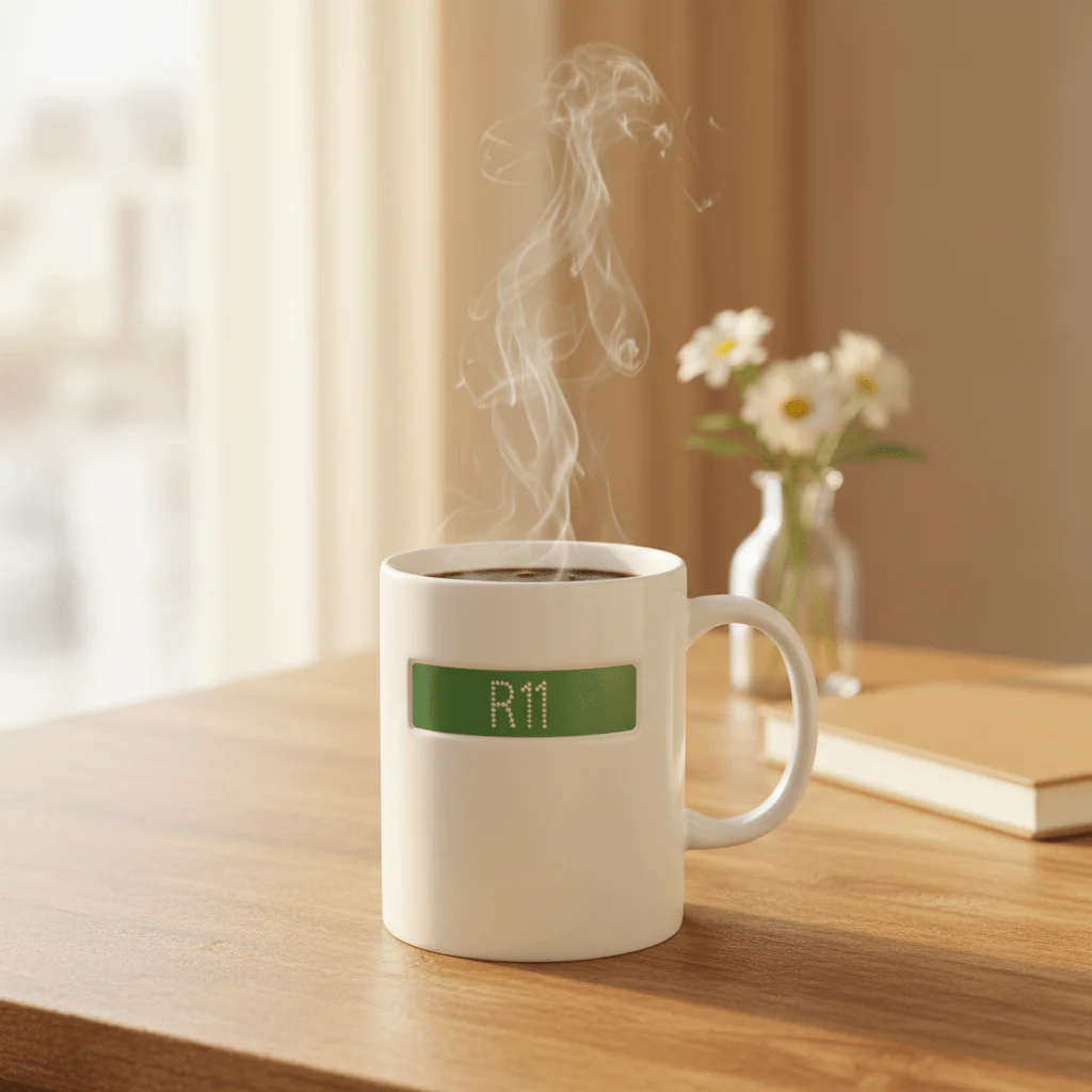White Ceramic Mug with Green R11 Design | 350ml Premium Coffee Mug - Image 2